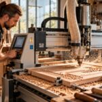 Truhlář obsluhuje CNC frézku při obrábění dřevěného dílce v moderní řemeslné dílně, vedle počítače s digitálním 3D návrhem nábytku.