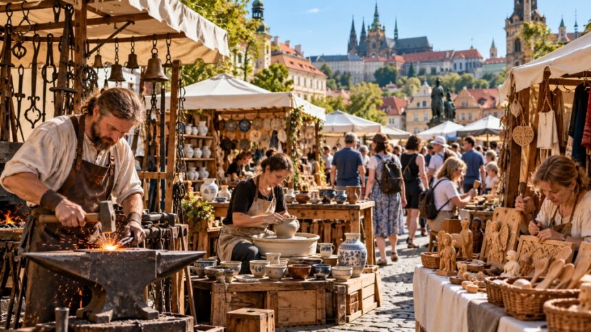 Tradiční řemeslný jarmark na historickém náměstí s ukázkami práce kováře, keramičky a řezbářky mezi prodejními stánky.